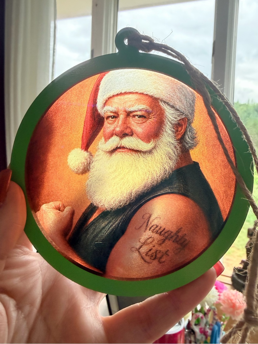 Handcrafted wood framed acrylic Sun catcher or Ornament  Naughty List Santa